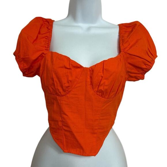 Divided By H&M Orange Corset Blouse Sz XS Puffed Sleeve Smocked Crop Top - Picture 2 of 7